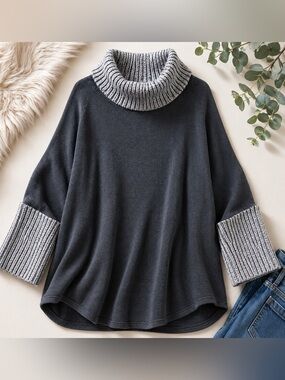 Cozy Lounge Cowl Neck Sweater Tunic Oversized Soft Knit Gray Small